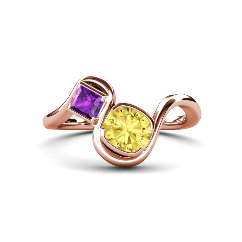 Nerida 1.60 ctw Cushion Shape Created Yellow Sapphire (6.00 mm) and Princess Shape Amethyst Women Toi Et Moi Wave Engagement Ring 