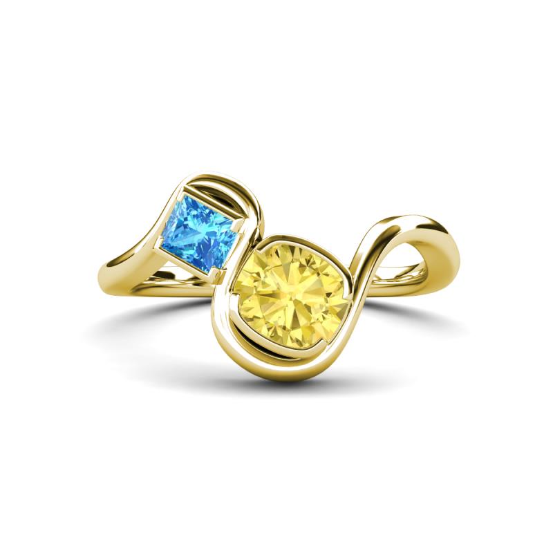 Nerida 1.63 ctw Cushion Shape Created Yellow Sapphire (6.00 mm) and Princess Shape Blue Topaz Women Toi Et Moi Wave Engagement Ring 