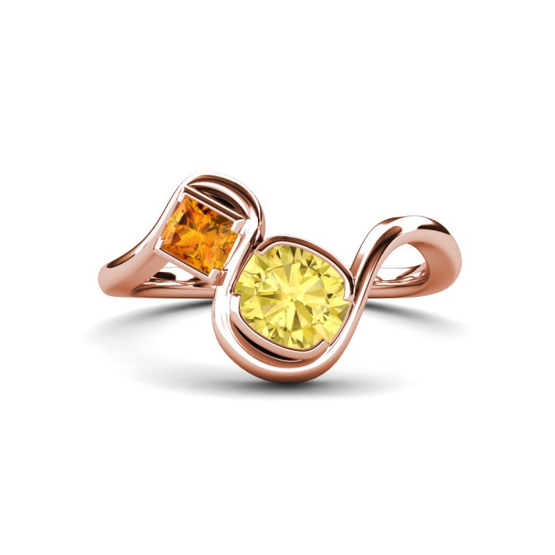 Nerida 1.60 ctw Cushion Shape Created Yellow Sapphire (6.00 mm) and Princess Shape Citrine Women Toi Et Moi Wave Engagement Ring 