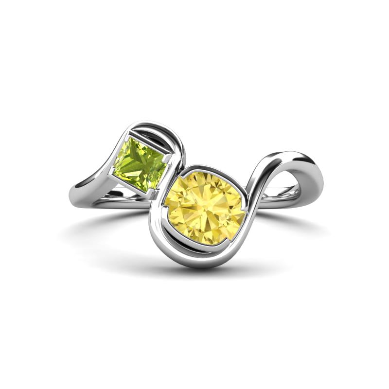 Nerida 1.63 ctw Cushion Shape Created Yellow Sapphire (6.00 mm) and Princess Shape Peridot Women Toi Et Moi Wave Engagement Ring 