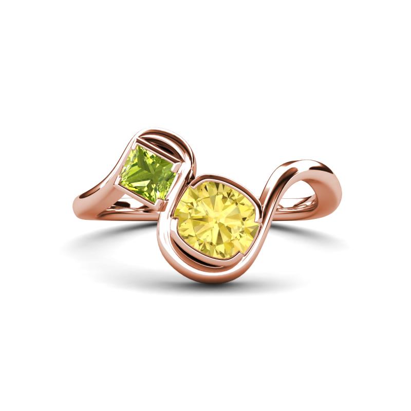 Nerida 1.63 ctw Cushion Shape Created Yellow Sapphire (6.00 mm) and Princess Shape Peridot Women Toi Et Moi Wave Engagement Ring 