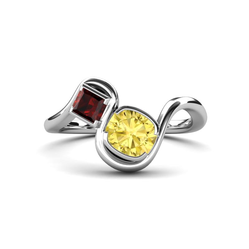 Nerida 1.63 ctw Cushion Shape Created Yellow Sapphire (6.00 mm) and Princess Shape Red Garnet Women Toi Et Moi Wave Engagement Ring 