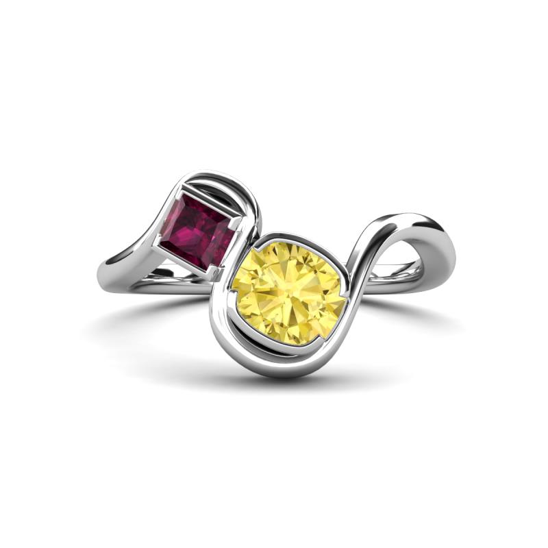 Nerida 1.63 ctw Cushion Shape Created Yellow Sapphire (6.00 mm) and Princess Shape Rhodolite Garnet Women Toi Et Moi Wave Engagement Ring 