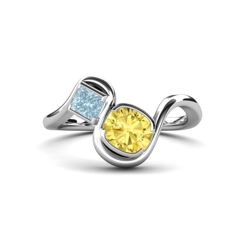 Nerida 1.60 ctw Cushion Shape Created Yellow Sapphire (6.00 mm) and Princess Shape Aquamarine Women Toi Et Moi Wave Engagement Ring 