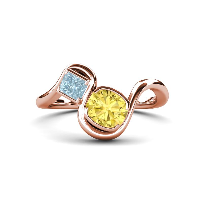 Nerida 1.60 ctw Cushion Shape Created Yellow Sapphire (6.00 mm) and Princess Shape Aquamarine Women Toi Et Moi Wave Engagement Ring 