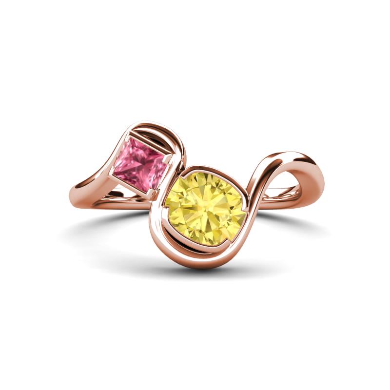 Nerida 1.60 ctw Cushion Shape Created Yellow Sapphire (6.00 mm) and Princess Shape Pink Tourmaline Women Toi Et Moi Wave Engagement Ring 