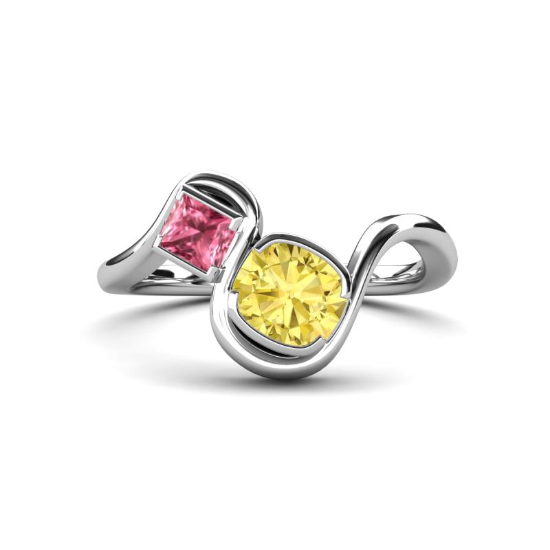 Nerida 1.60 ctw Cushion Shape Created Yellow Sapphire (6.00 mm) and Princess Shape Pink Tourmaline Women Toi Et Moi Wave Engagement Ring 