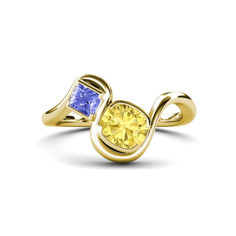 Nerida 1.63 ctw Cushion Shape Created Yellow Sapphire (6.00 mm) and Princess Shape Tanzanite Women Toi Et Moi Wave Engagement Ring 