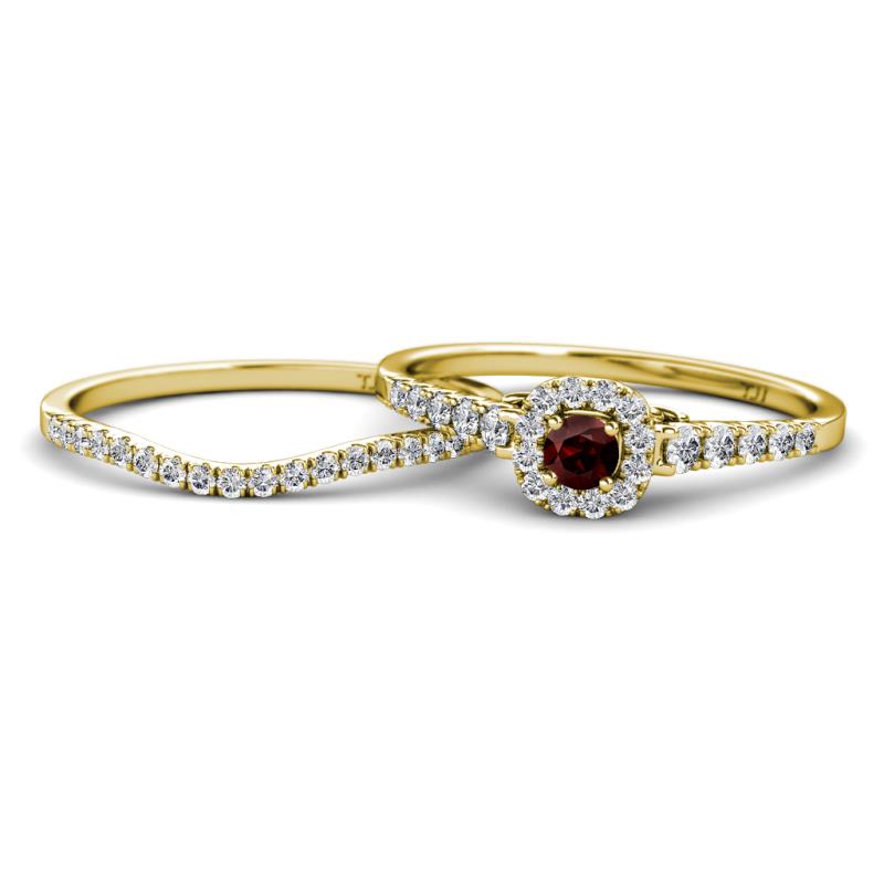 Florence Prima Red Garnet and Diamond Halo Bridal Set Ring 