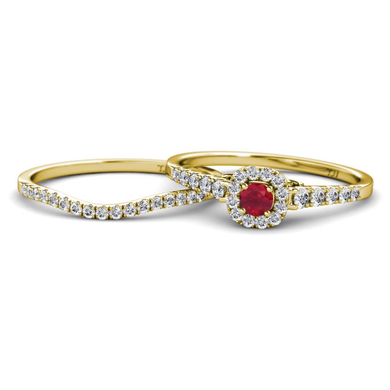 Florence Prima Ruby and Diamond Halo Bridal Set Ring 