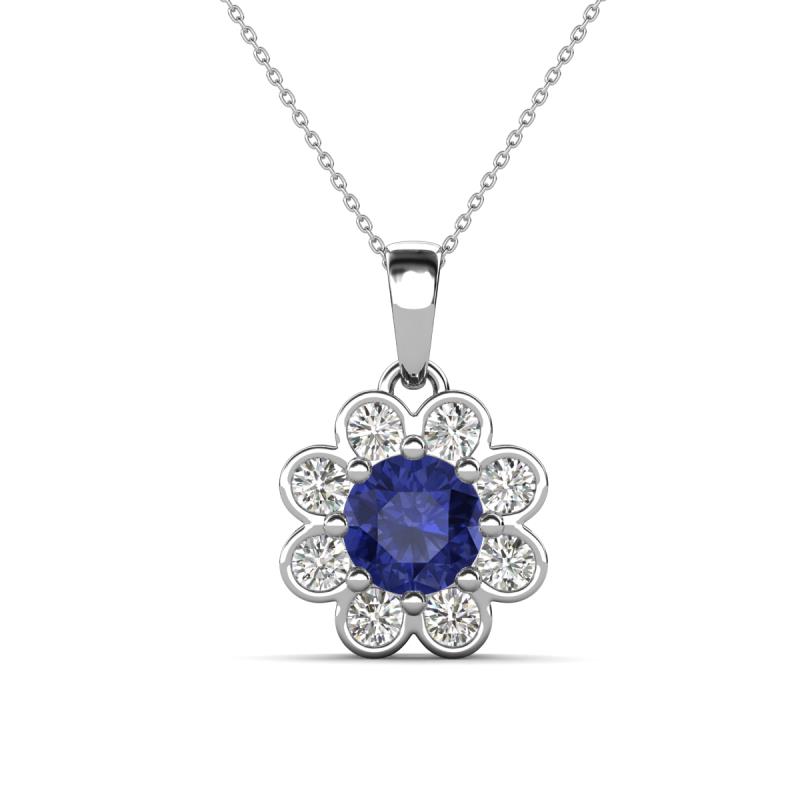 Urania 1.36 ctw Iolite (6.00 mm) and Accented Lab Grown Diamond Halo Floral Pendant 