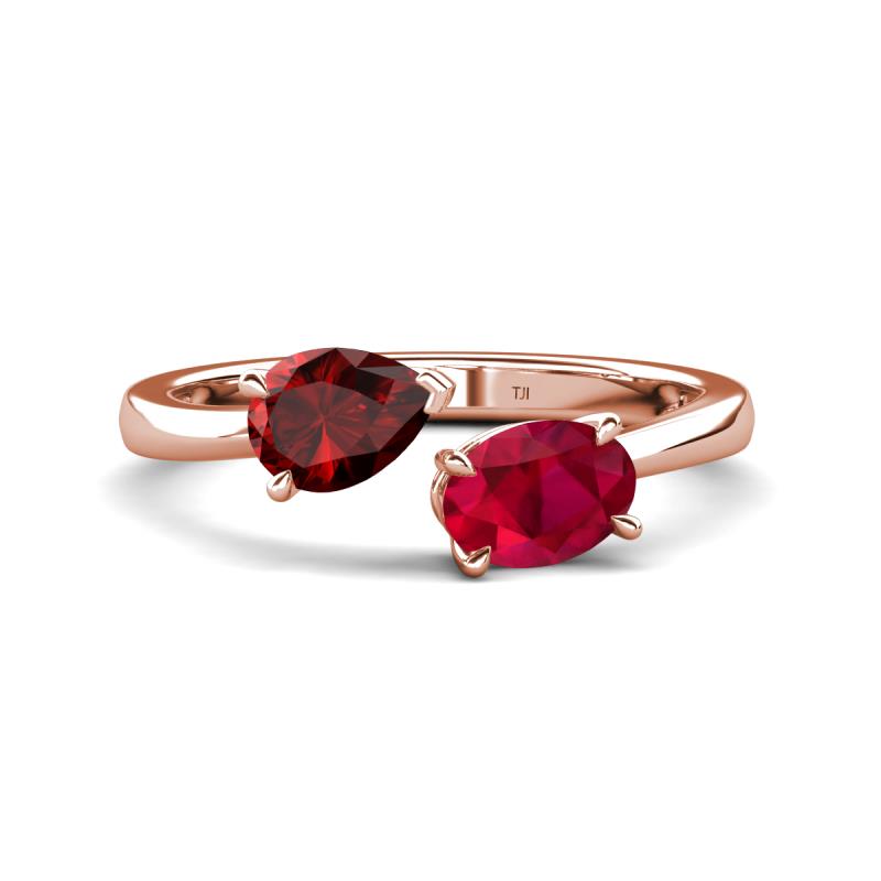 Afra 1.80 ctw Red Garnet Pear Shape (7x5 mm) & Ruby Oval Shape (7x5 mm) Toi Et Moi Engagement Ring 