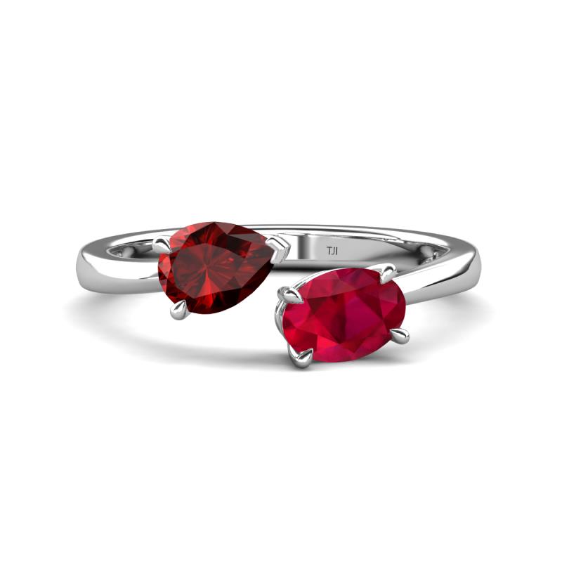 Afra 1.80 ctw Red Garnet Pear Shape (7x5 mm) & Ruby Oval Shape (7x5 mm) Toi Et Moi Engagement Ring 
