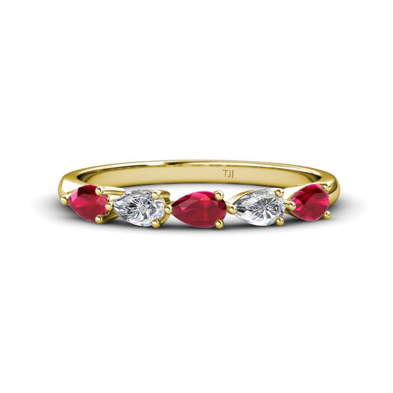 Grace Pear Cut Ruby and Lab Grown Diamond 5 Stone Wedding Band 