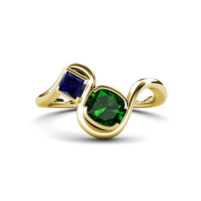 Nerida 1.17 ctw Cushion Shape Created Emerald & Princess Shape Created Blue Sapphire Women Toi Et Moi Wave Engagement Ring 