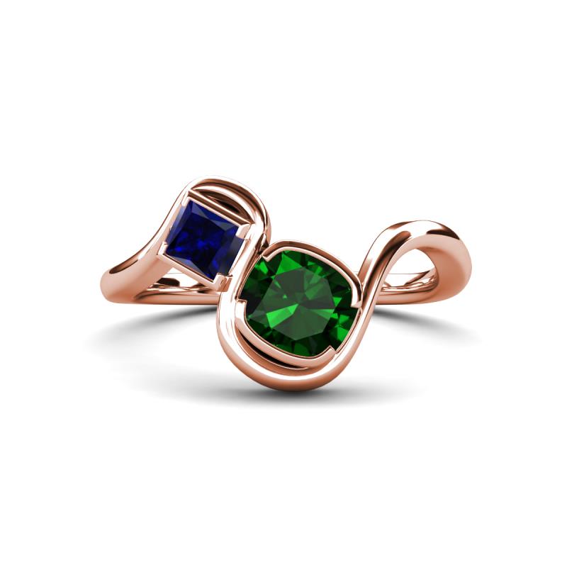 Nerida 1.17 ctw Cushion Shape Created Emerald & Princess Shape Created Blue Sapphire Women Toi Et Moi Wave Engagement Ring 