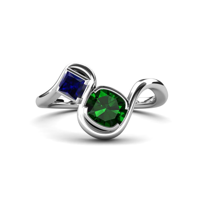 Nerida 1.17 ctw Cushion Shape Created Emerald & Princess Shape Created Blue Sapphire Women Toi Et Moi Wave Engagement Ring 