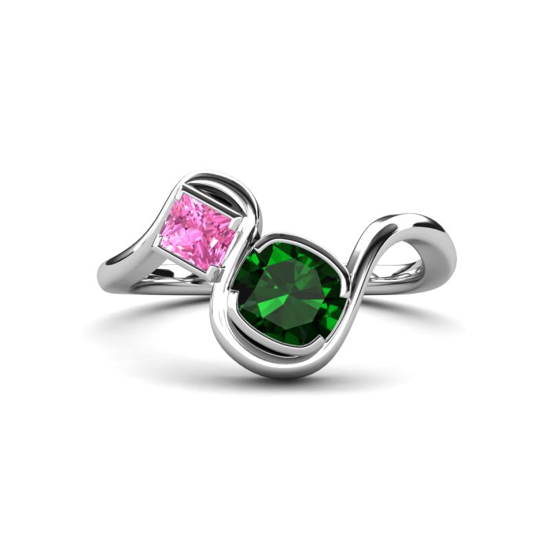 Nerida 1.30 ctw Cushion Shape Created Emerald & Princess Shape Created Pink Sapphire Women Toi Et Moi Wave Engagement Ring 