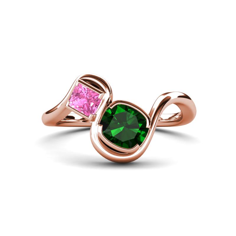 Nerida 1.30 ctw Cushion Shape Created Emerald & Princess Shape Created Pink Sapphire Women Toi Et Moi Wave Engagement Ring 