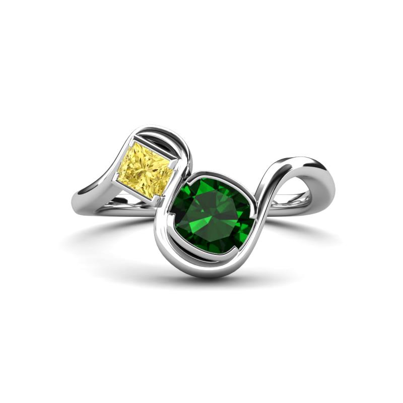 Nerida 1.30 ctw Cushion Shape Created Emerald & Princess Shape Created Yellow Sapphire Women Toi Et Moi Wave Engagement Ring 