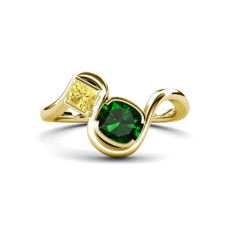 Nerida 1.30 ctw Cushion Shape Created Emerald & Princess Shape Created Yellow Sapphire Women Toi Et Moi Wave Engagement Ring 