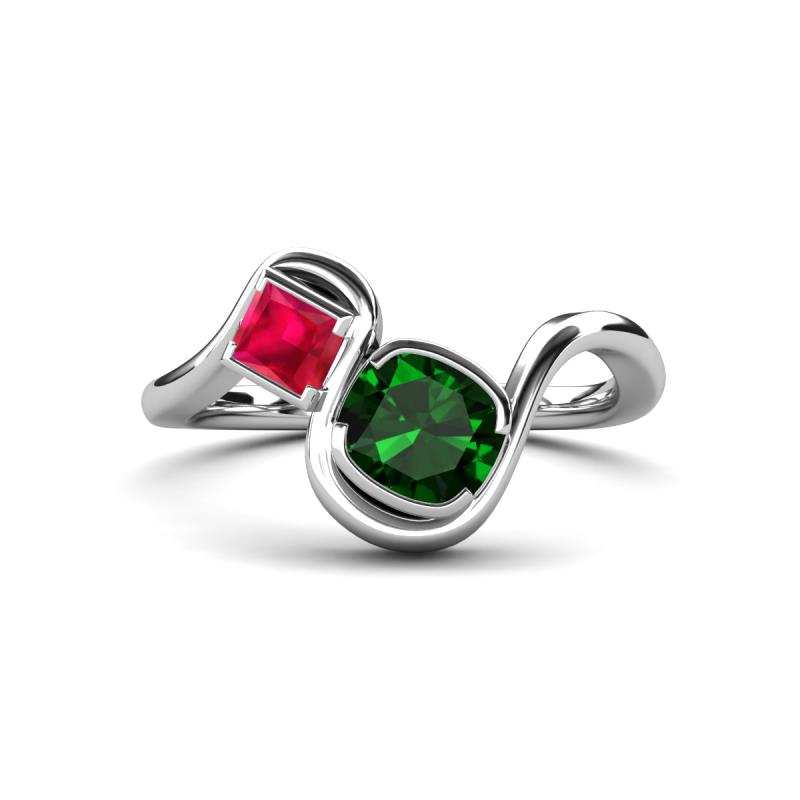 Nerida 1.17 ctw Cushion Shape Created Emerald & Princess Shape Created Ruby Women Toi Et Moi Wave Engagement Ring 