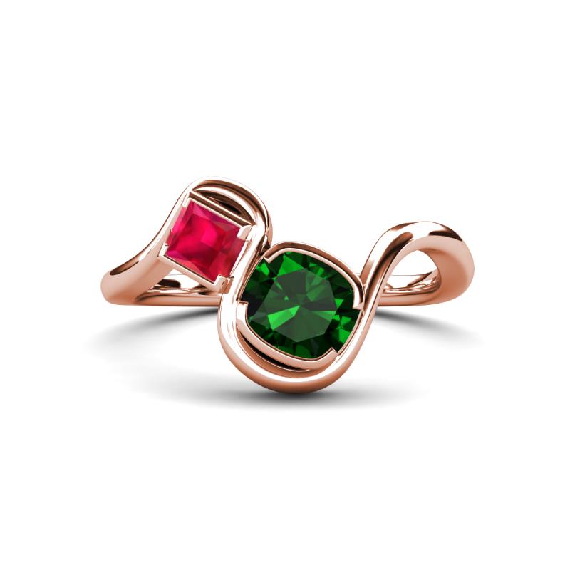 Nerida 1.17 ctw Cushion Shape Created Emerald & Princess Shape Created Ruby Women Toi Et Moi Wave Engagement Ring 