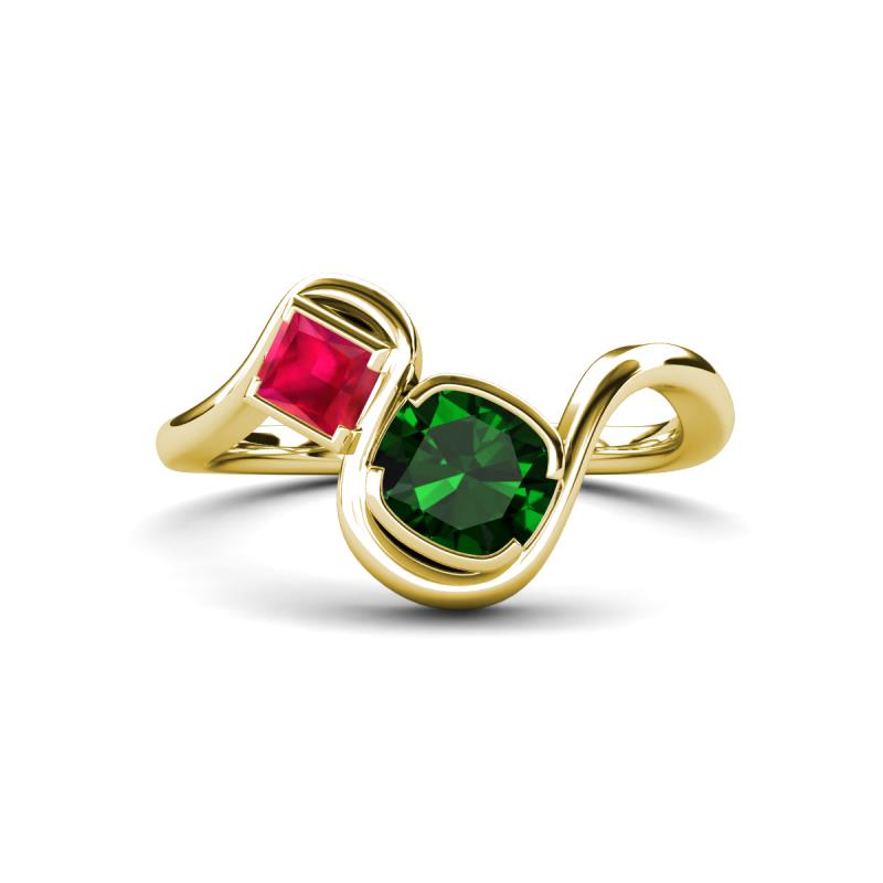 Nerida 1.17 ctw Cushion Shape Created Emerald & Princess Shape Created Ruby Women Toi Et Moi Wave Engagement Ring 