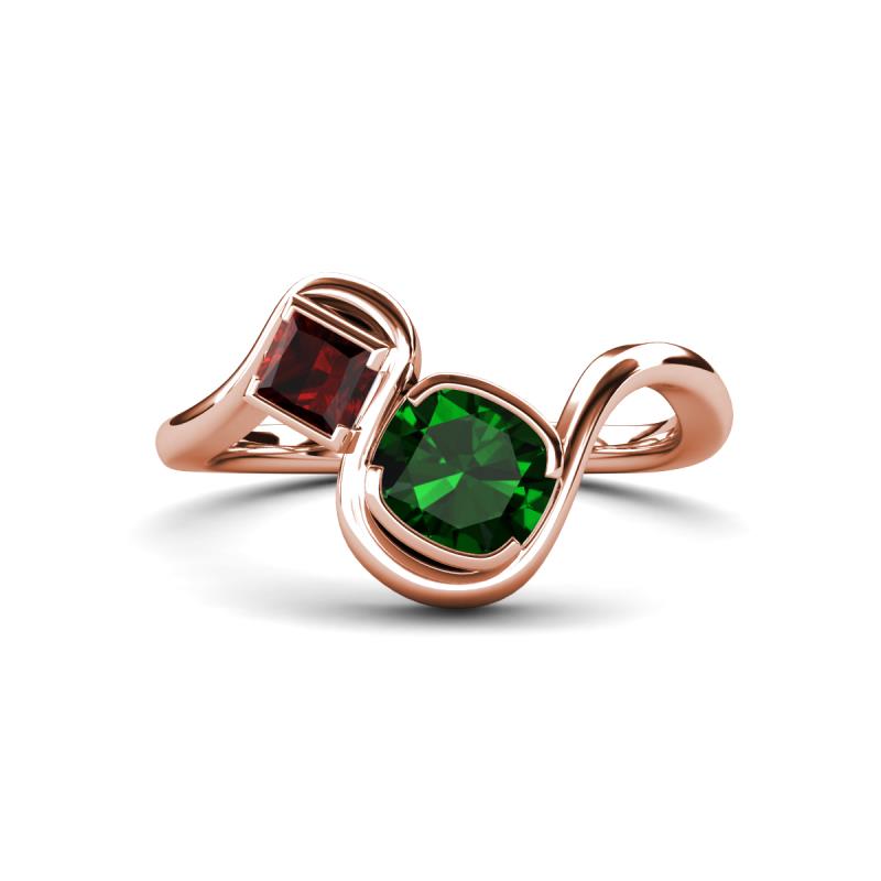Nerida 1.20 ctw Cushion Shape Created Emerald & Princess Shape Red Garnet Women Toi Et Moi Wave Engagement Ring 