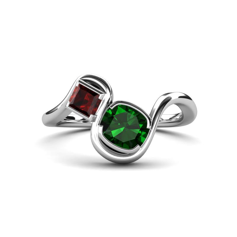 Nerida 1.20 ctw Cushion Shape Created Emerald & Princess Shape Red Garnet Women Toi Et Moi Wave Engagement Ring 