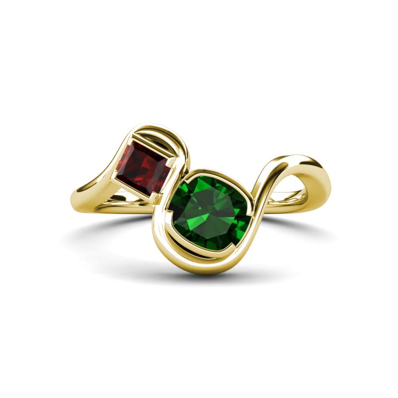 Nerida 1.20 ctw Cushion Shape Created Emerald & Princess Shape Red Garnet Women Toi Et Moi Wave Engagement Ring 