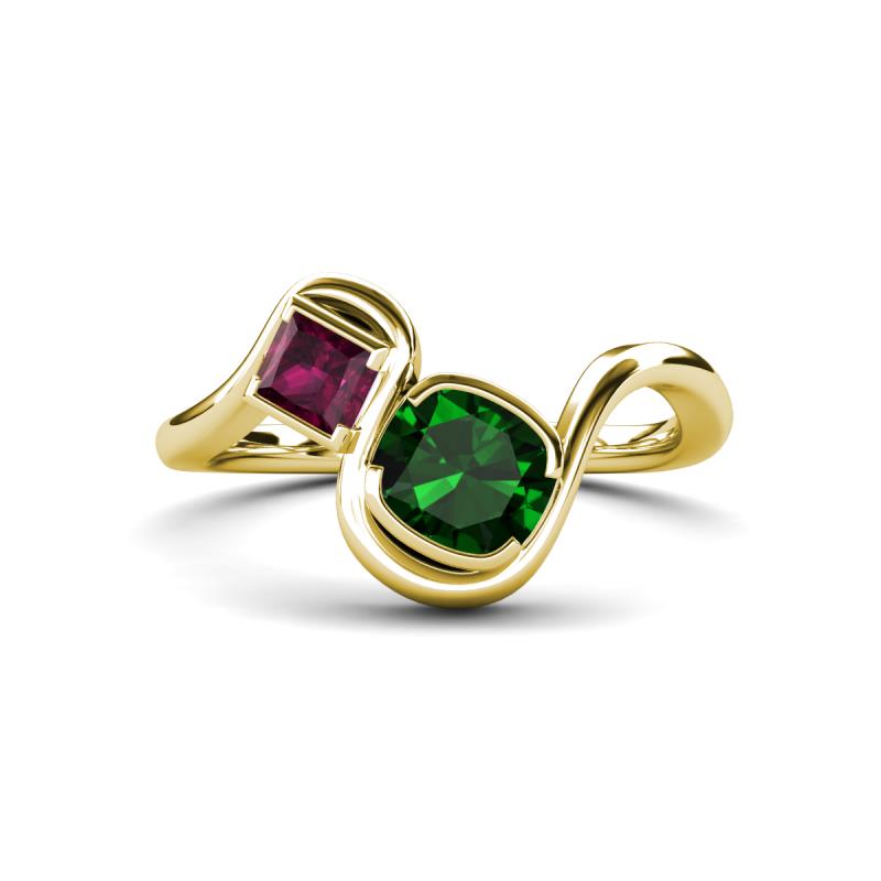 Nerida 1.20 ctw Cushion Shape Created Emerald & Princess Shape Rhodolite Garnet Women Toi Et Moi Wave Engagement Ring 