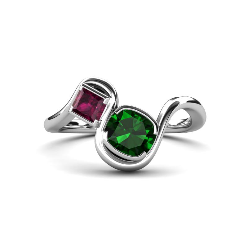 Nerida 1.20 ctw Cushion Shape Created Emerald & Princess Shape Rhodolite Garnet Women Toi Et Moi Wave Engagement Ring 