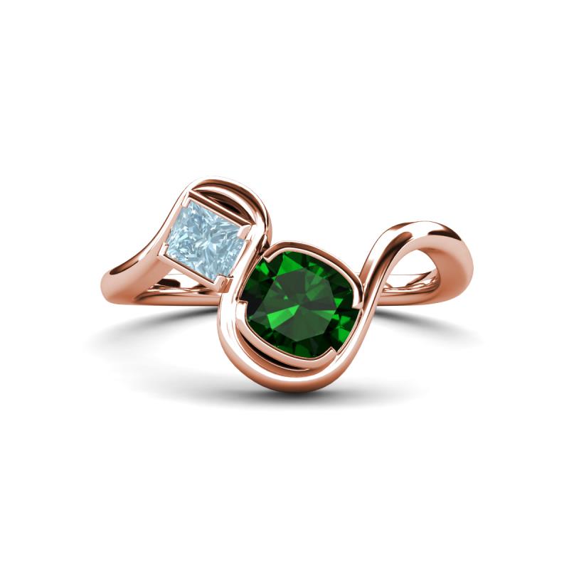 Nerida 1.17 ctw Cushion Shape Created Emerald & Princess Shape Aquamarine Women Toi Et Moi Wave Engagement Ring 