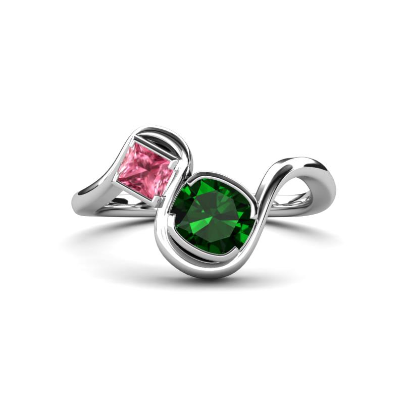 Nerida 1.17 ctw Cushion Shape Created Emerald & Princess Shape Pink Tourmaline Women Toi Et Moi Wave Engagement Ring 