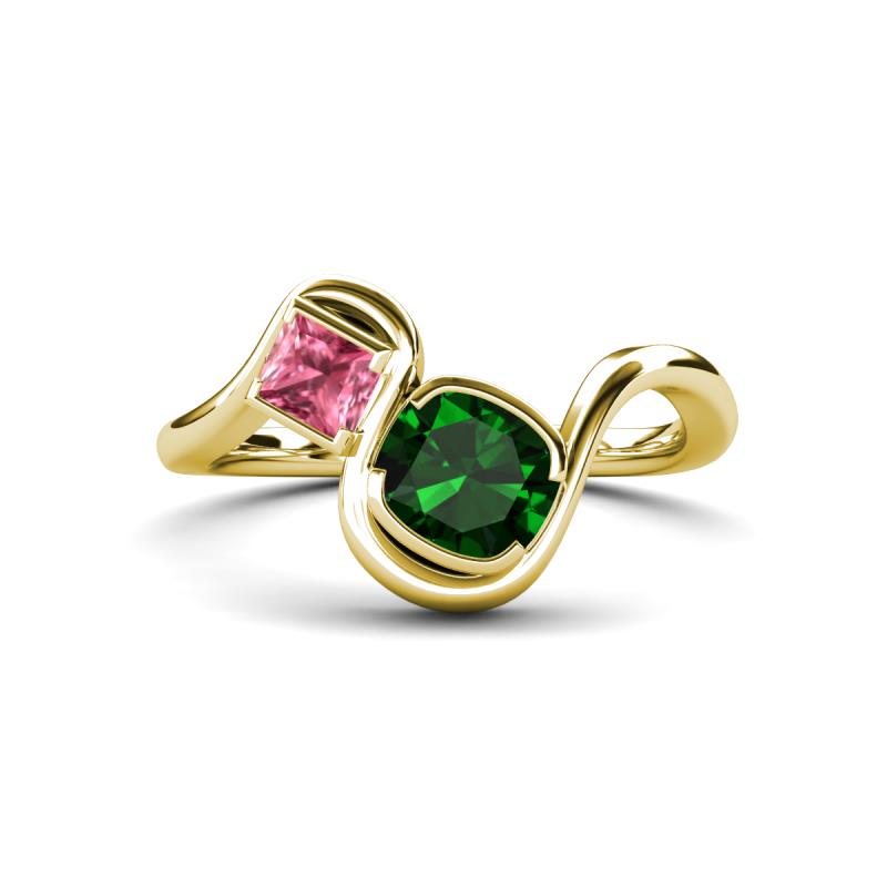 Nerida 1.17 ctw Cushion Shape Created Emerald & Princess Shape Pink Tourmaline Women Toi Et Moi Wave Engagement Ring 