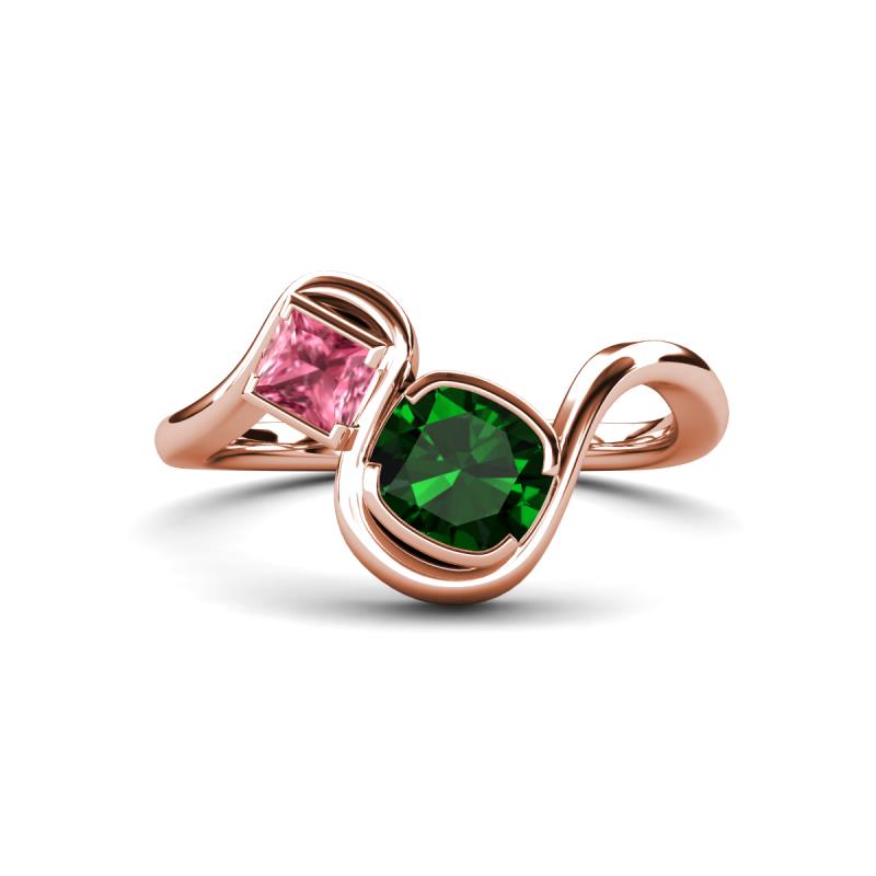 Nerida 1.17 ctw Cushion Shape Created Emerald & Princess Shape Pink Tourmaline Women Toi Et Moi Wave Engagement Ring 