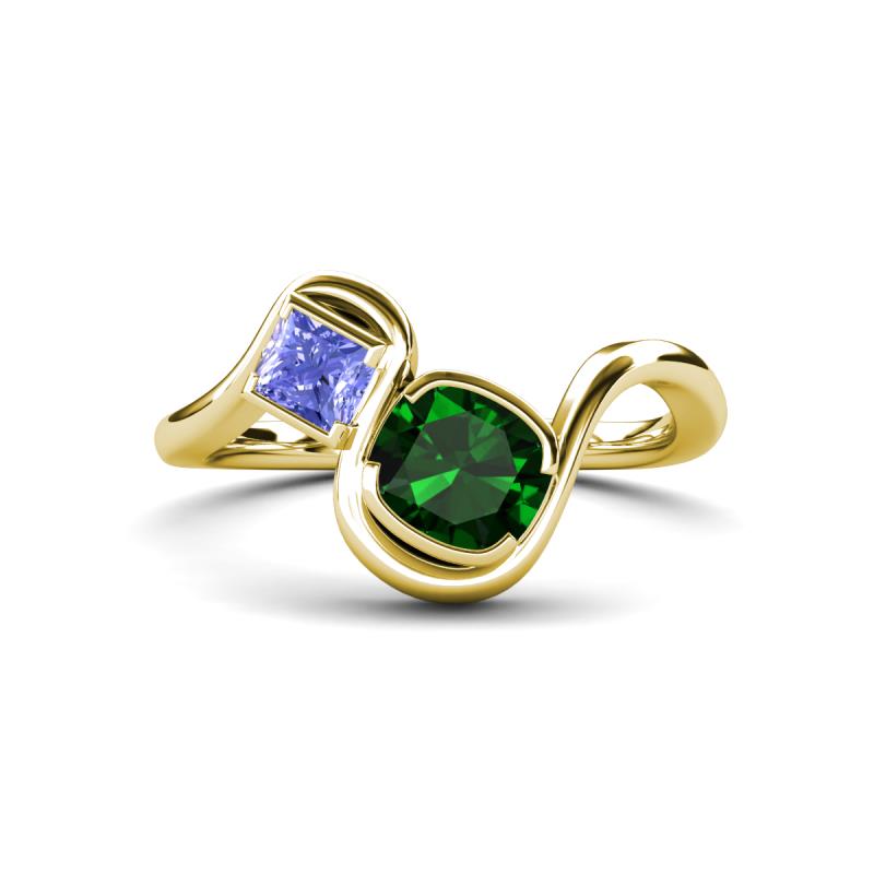 Nerida 1.20 ctw Cushion Shape Created Emerald & Princess Shape Tanzanite Women Toi Et Moi Wave Engagement Ring 