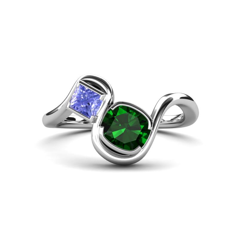 Nerida 1.20 ctw Cushion Shape Created Emerald & Princess Shape Tanzanite Women Toi Et Moi Wave Engagement Ring 