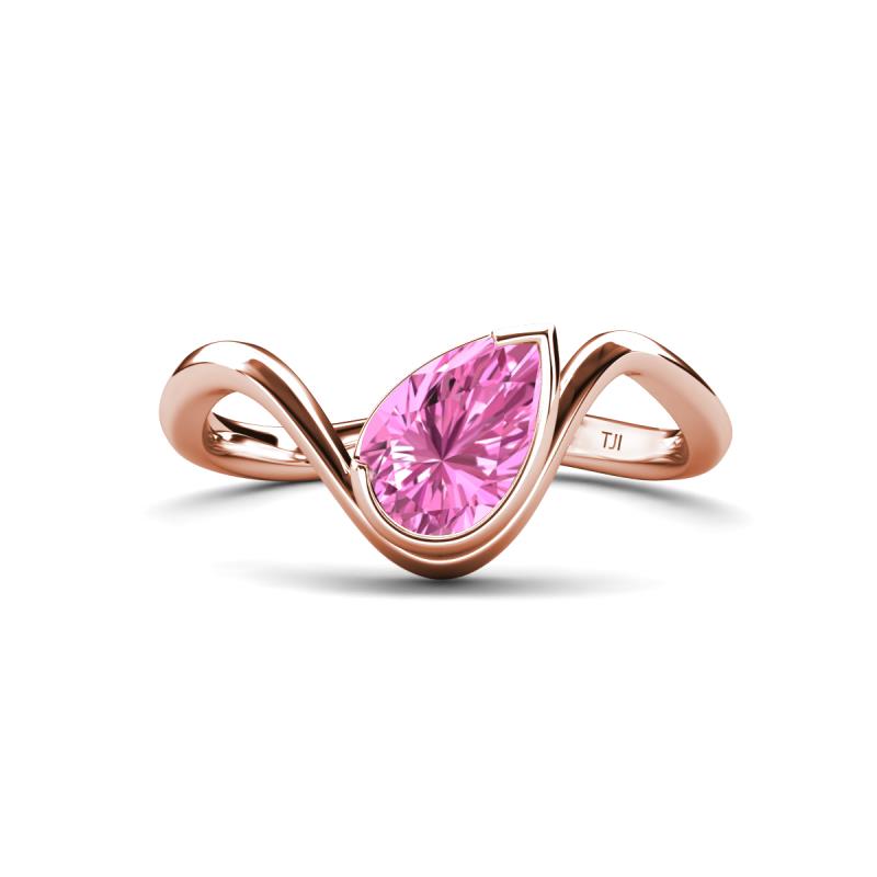 Oceara 1.50 ct Pear Shape Created Pink Sapphire Women Wave Solitaire Engagement Ring 