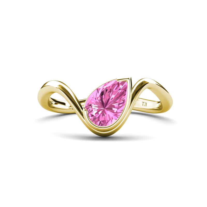 Oceara 1.50 ct Pear Shape Created Pink Sapphire Women Wave Solitaire Engagement Ring 