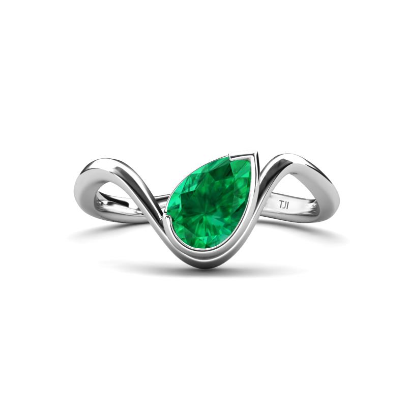 Oceara 1.00 ct Pear Shape Emerald Women Wave Solitaire Engagement Ring 