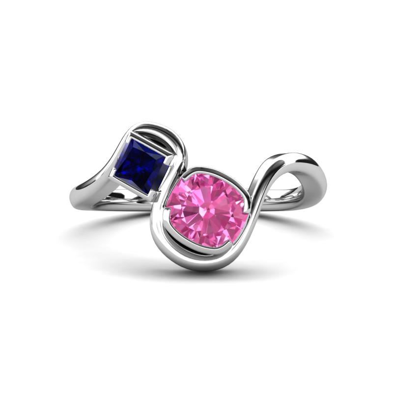 Nerida 1.57 ctw Cushion Shape Created Pink Sapphire & Princess Shape Created Blue Sapphire Women Toi Et Moi Wave Engagement Ring 