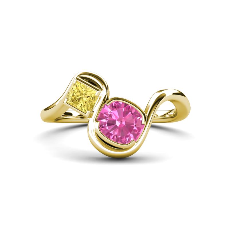 Nerida 1.70 ctw Cushion Shape Created Pink Sapphire & Princess Shape Created Yellow Sapphire Women Toi Et Moi Wave Engagement Ring 