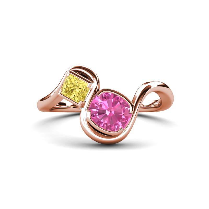 Nerida 1.70 ctw Cushion Shape Created Pink Sapphire & Princess Shape Created Yellow Sapphire Women Toi Et Moi Wave Engagement Ring 