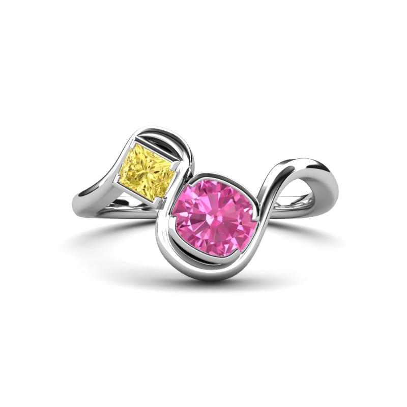 Nerida 1.70 ctw Cushion Shape Created Pink Sapphire & Princess Shape Created Yellow Sapphire Women Toi Et Moi Wave Engagement Ring 