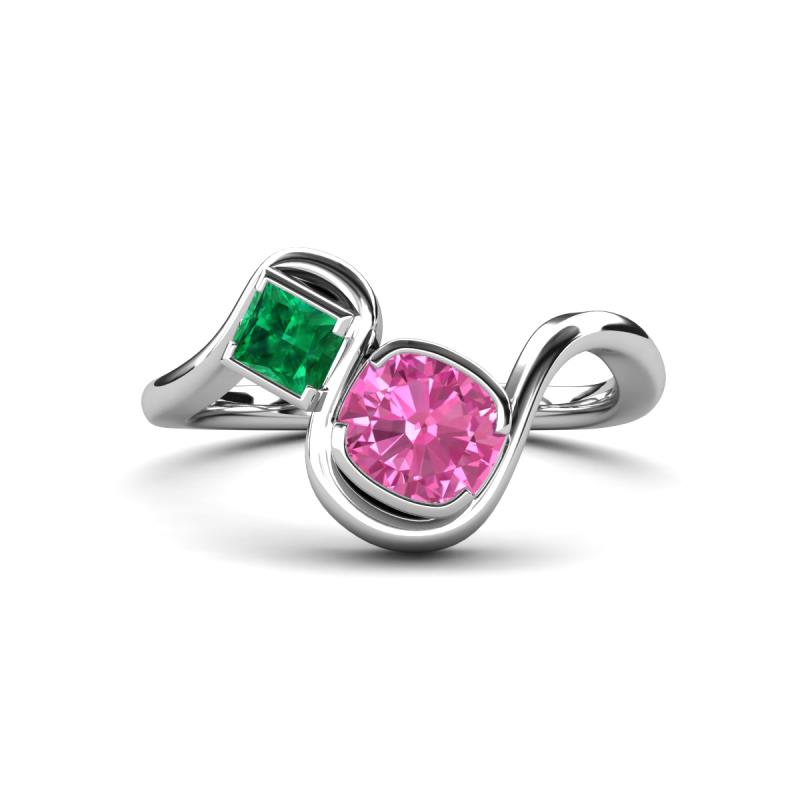 Nerida 1.57 ctw Cushion Shape Created Pink Sapphire & Princess Shape Created Emerald Women Toi Et Moi Wave Engagement Ring 