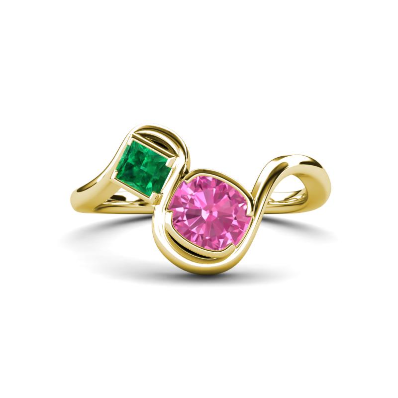 Nerida 1.57 ctw Cushion Shape Created Pink Sapphire & Princess Shape Created Emerald Women Toi Et Moi Wave Engagement Ring 