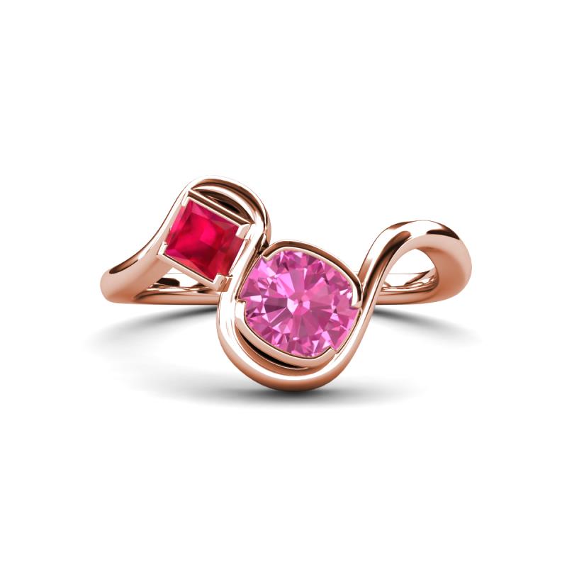 Nerida 1.57 ctw Cushion Shape Created Pink Sapphire & Princess Shape Created Ruby Women Toi Et Moi Wave Engagement Ring 