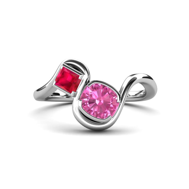 Nerida 1.57 ctw Cushion Shape Created Pink Sapphire & Princess Shape Created Ruby Women Toi Et Moi Wave Engagement Ring 
